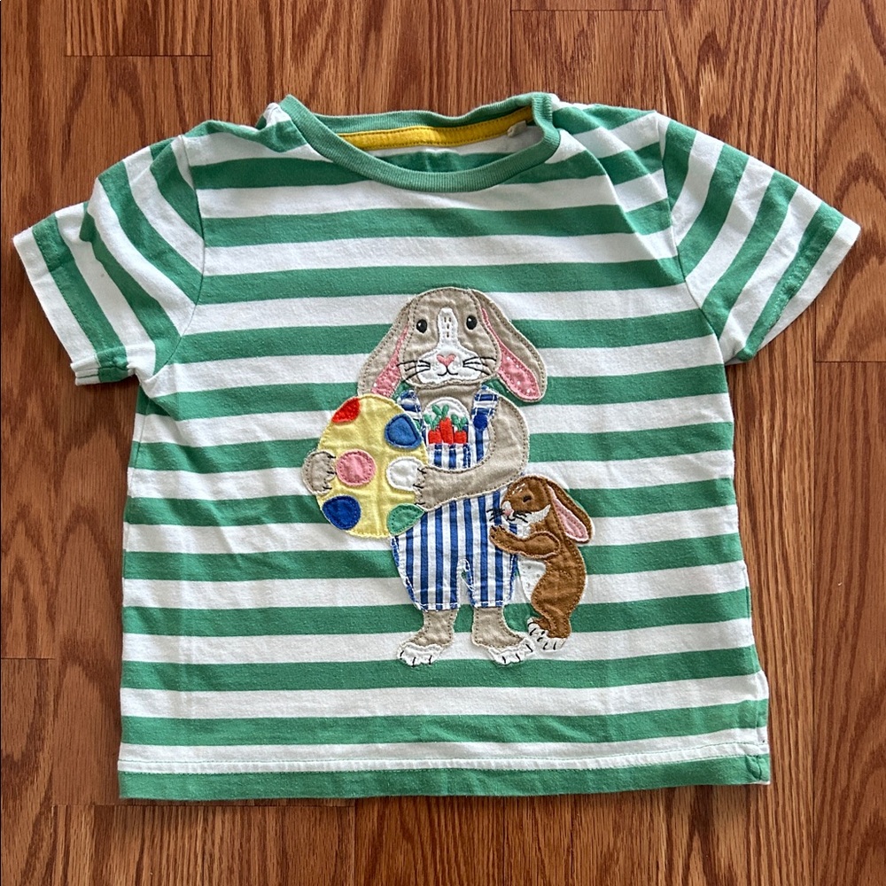 Mini Boden Green & White Striped Bunny Appliqué Tee